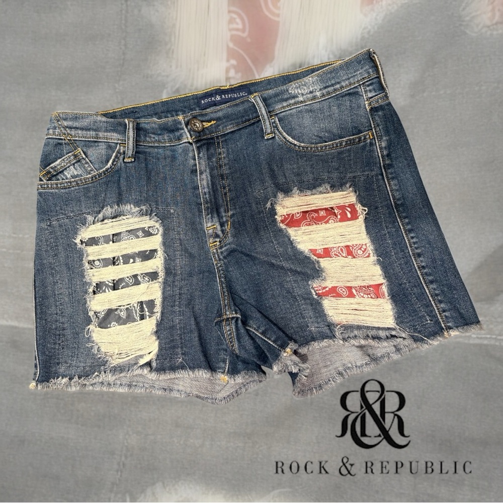 Rock & Republic “Hula” Patriotic Distressed Denim Shorts, Size 16